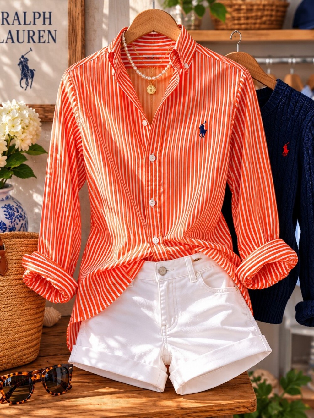 Ralph Lauren Orange and White Striped Button-Down Shirt Lg Slim Fit